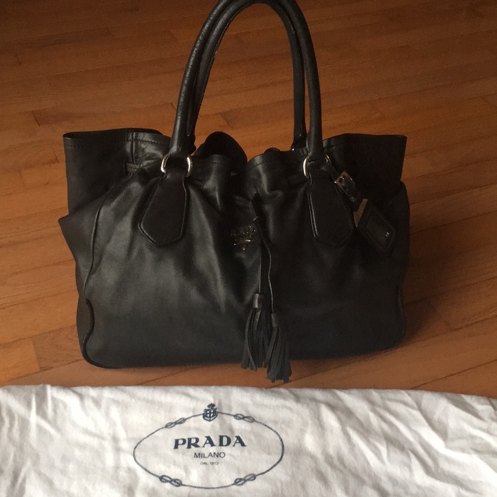 Black Prada  leather drawstring tassles tote